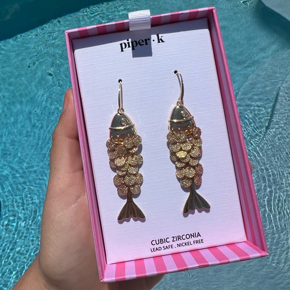 New Piper K Gold tone Dangle viral Sardine Fish Earrings – Cubic Zirconia